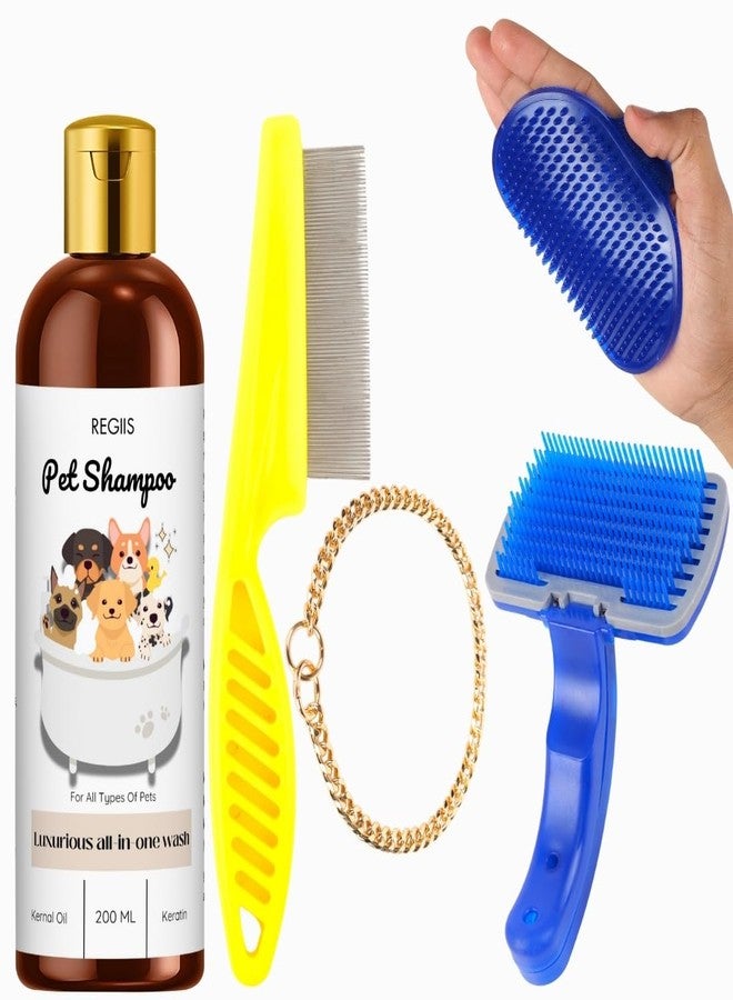 REGIIS Pet Grooming Kit, Dog Shampoo 200ML with Keratin and Kernal Oil, Blue Self-Cleaning Brush, Yellow Flea Comb, Gold Chain Collar, All-in-One Pet Care Set(4 Pack) - Image 1